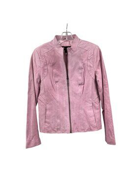 Hal Rubenstein 100% Leather Suede Jacket Pink Zip Up Biker Sz Small Pockets New
